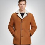 Men’s tan sheepskin shearling pea coat – classic winter jacket