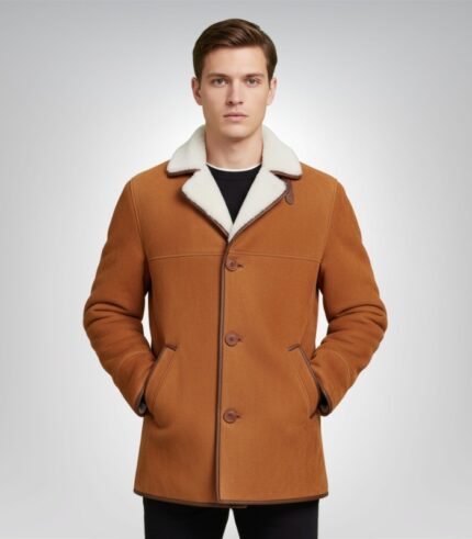 Men’s tan sheepskin shearling pea coat – classic winter jacket