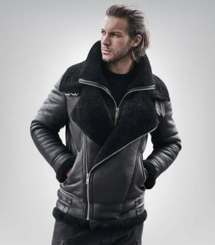 Men’s vintage black leather B3 jacket – shearling-lined bomber coat