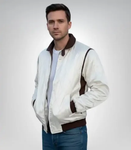 Men’s white satin quilted Ryan Gosling Drive jacket
