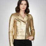 Women’s golden zipper motorcycle leather jacket