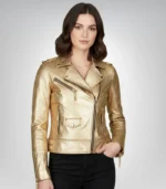 Women’s golden zipper motorcycle leather jacket