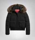 Stylish embroidered winter puffer jacket for women front view