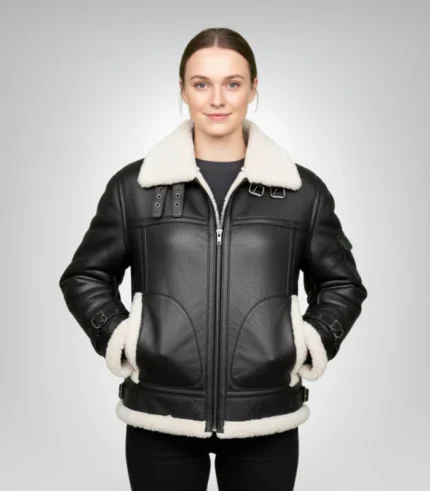 Women's B-3 black sheepskin leather bomber jacket – classic aviator design
