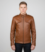 Men's brown biker jacket made from genuine leather front view