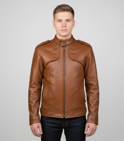 Men's brown biker jacket made from genuine leather front view