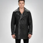 Charles Distressed Black Leather Shearling Double-Breasted Coat