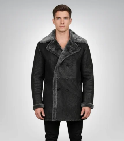Charles Distressed Black Leather Shearling Double-Breasted Coat
