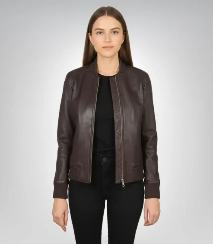 Bliss Maroon Leather Bomber Jacket – Classic Women’s Motorcycle Style