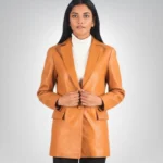 Marilyn tan brown leather blazer for women – classic jacket style