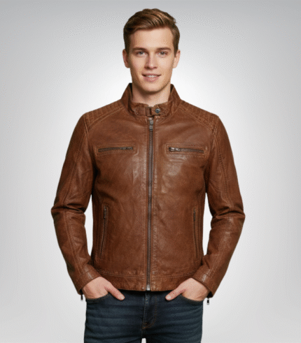 Men's waxed sheepskin fashion leather jacket – elegant brown style