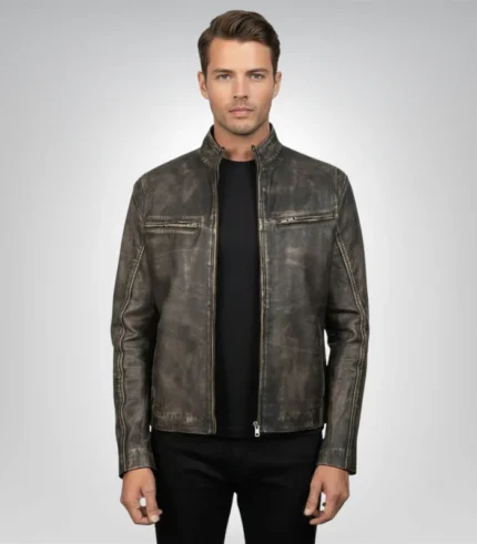 Ionic men's distressed brown leather jacket – vintage biker style
