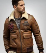 Premium leather shearling jacket in brown with embroidery details