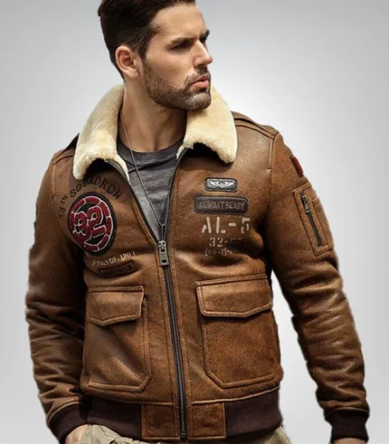 Premium leather shearling jacket in brown with embroidery details