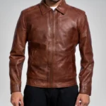 Slim fit brown distressed leather jacket for men – motorcycle design