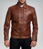 Slim fit brown distressed leather jacket for men – motorcycle design
