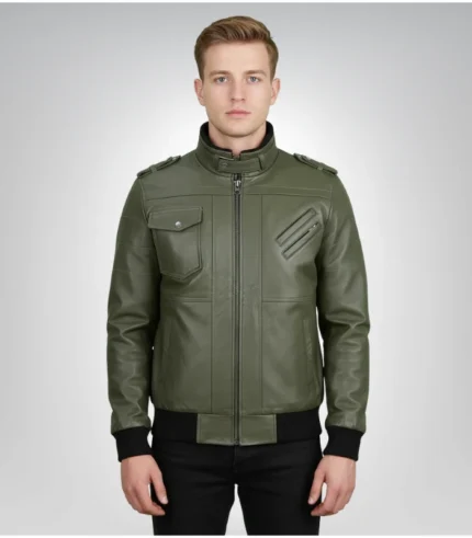 Men's army green bomber leather jacket – classic military style