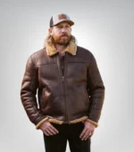 Premium brown leather bomber jacket with shearling lining for men