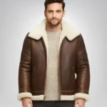 Premium Alex shearling aviator jacket – brown sheepskin leather style