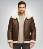 Premium Alex shearling aviator jacket – brown sheepskin leather style