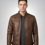 Mens Quilted Shoulder Coffee Brown Biker Leather Jacket