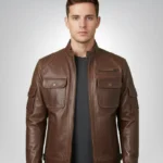 Men's waxed leather biker jacket – brown motorcycle coat