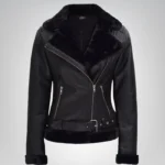 Women's black asymmetrical shearling leather jacket – stylish outerwear