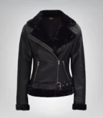 Women's black asymmetrical shearling leather jacket – stylish outerwear
