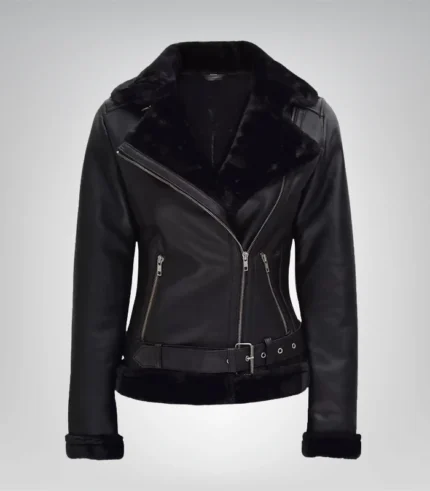 Women's black asymmetrical shearling leather jacket – stylish outerwear