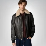 Men's leather aviator bomber jacket – brown with fur lined hood