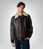 Men's leather aviator bomber jacket – brown with fur lined hood