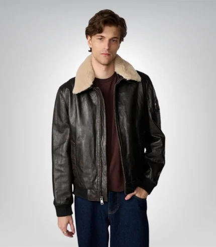 Men's leather aviator bomber jacket – brown with fur lined hood