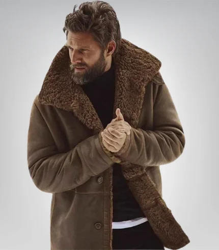 Men's real sheepskin leather winter coat – black shearling fur