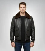 Men's black shearling bomber leather jacket – classic aviator style