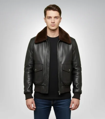 Men's black shearling bomber leather jacket – classic aviator style