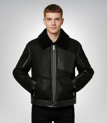 Men's jet black shearling leather jacket – classic style coat