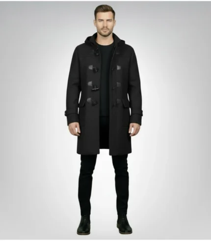 Drake Black Wool Hooded Duffle Coat