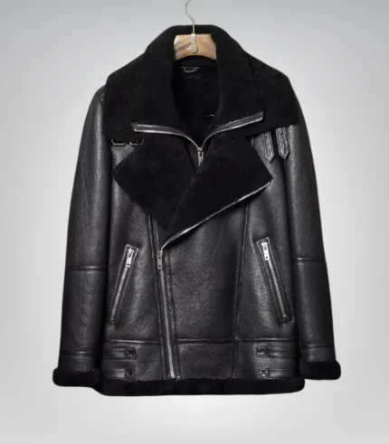 Mens Black Sheepskin Shearling B3 Bomber Leather Jacke