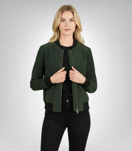 Bliss Green Suede Bomber Jacket