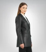 Stylish women's black leather blazer front view – Marilyn design