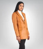 Stylish women's brown leather blazer front view – Marilyn design
