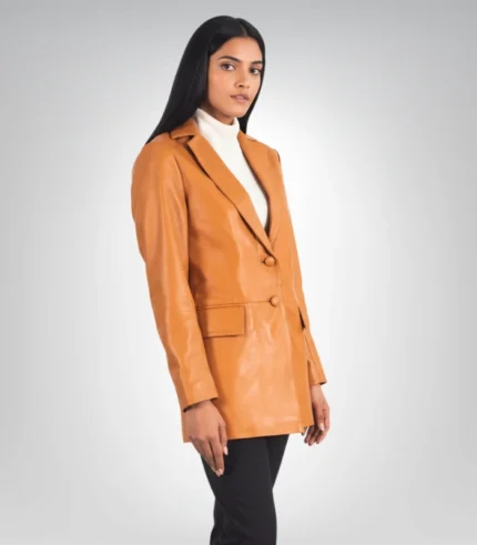 Stylish women's brown leather blazer front view – Marilyn design
