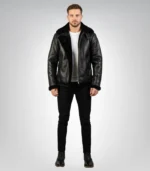 Men's black shearling-lined B-3 bomber jacket front view