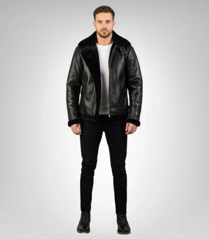 Men's black shearling-lined B-3 bomber jacket front view