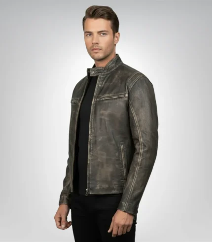 Stylish brown leather motorcycle jacket for men front view