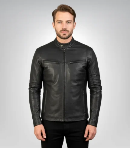 Stylish black leather jacket for men front view – Ionic design