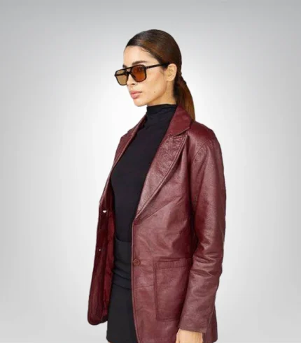 Women's vintage burgundy genuine leather jacket front view