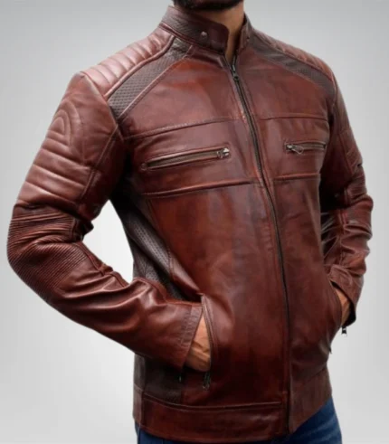 Premium brown leather jacket with zipper details – classic motorcycle look