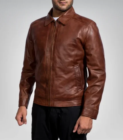Men's brown biker jacket made from genuine distressed leather