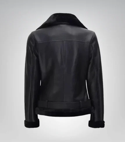 Classic women’s black shearling biker jacket – genuine leather design